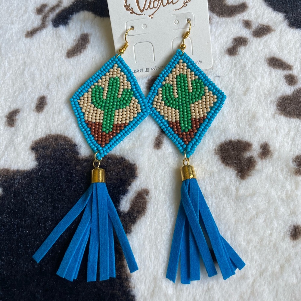 Cactus beaded statement earrings with tassel